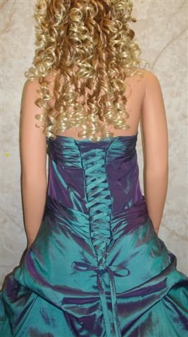 taffeta teal evening gown with pickup skirt